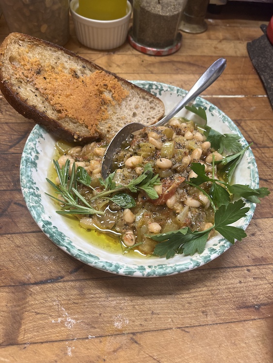 Cannellini Beans Stufato con Bruschetta al Parmigiano from Graziano’s Downtown Café