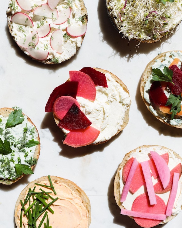 multiple differing toppings on bagels at Fantzye Bagels in Kingston NY