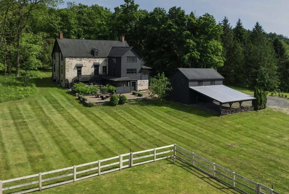 aerial view of the Refined and Elegant Georgian Stone mansion estate in Hurley, Ulster County NY