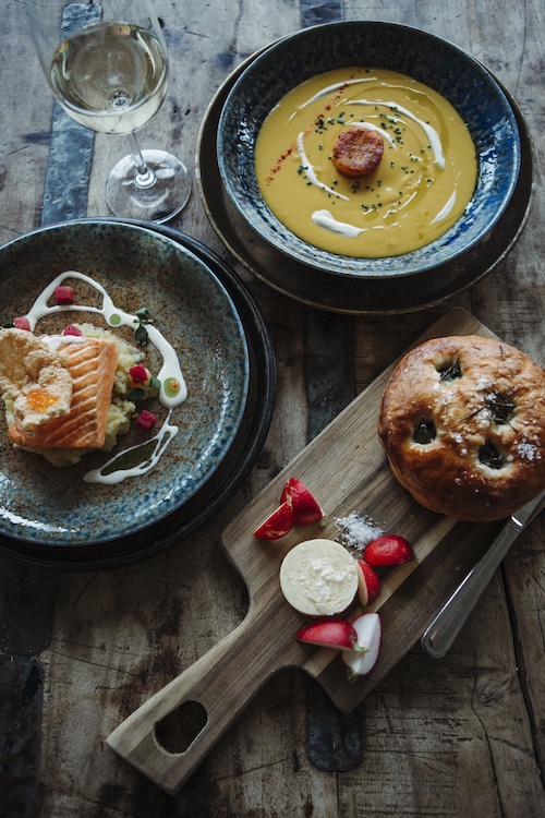 multiple foods and drink at Foxfire Mountain House in Mt. Tremper NY