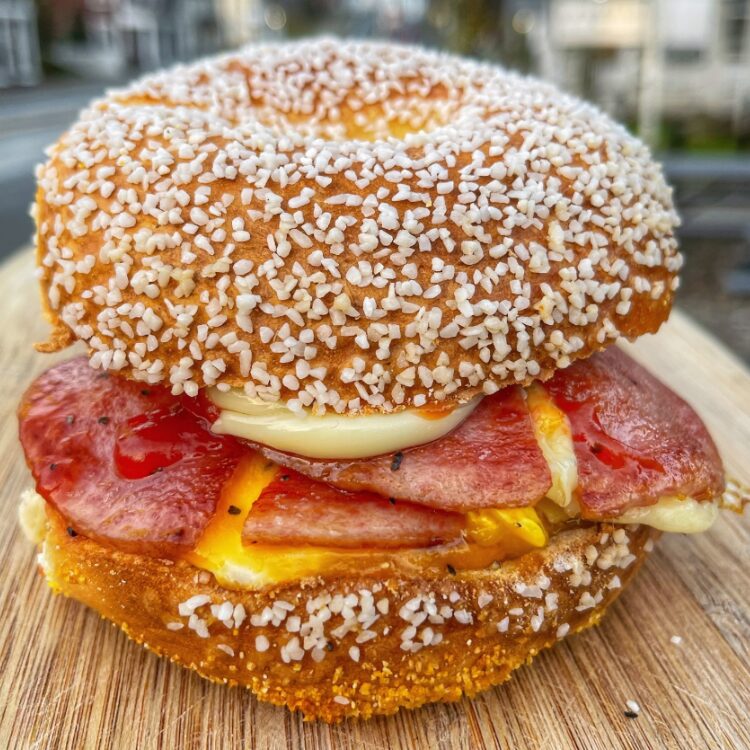 ham and cheese everything bagel sandwich at Rhinebeck Bagels in Rhinebeck NY