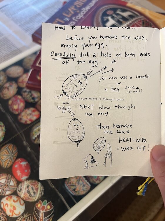 left side of a card on "How to " for the Pysanky Workshop for Ukraine by Sasha Botanica