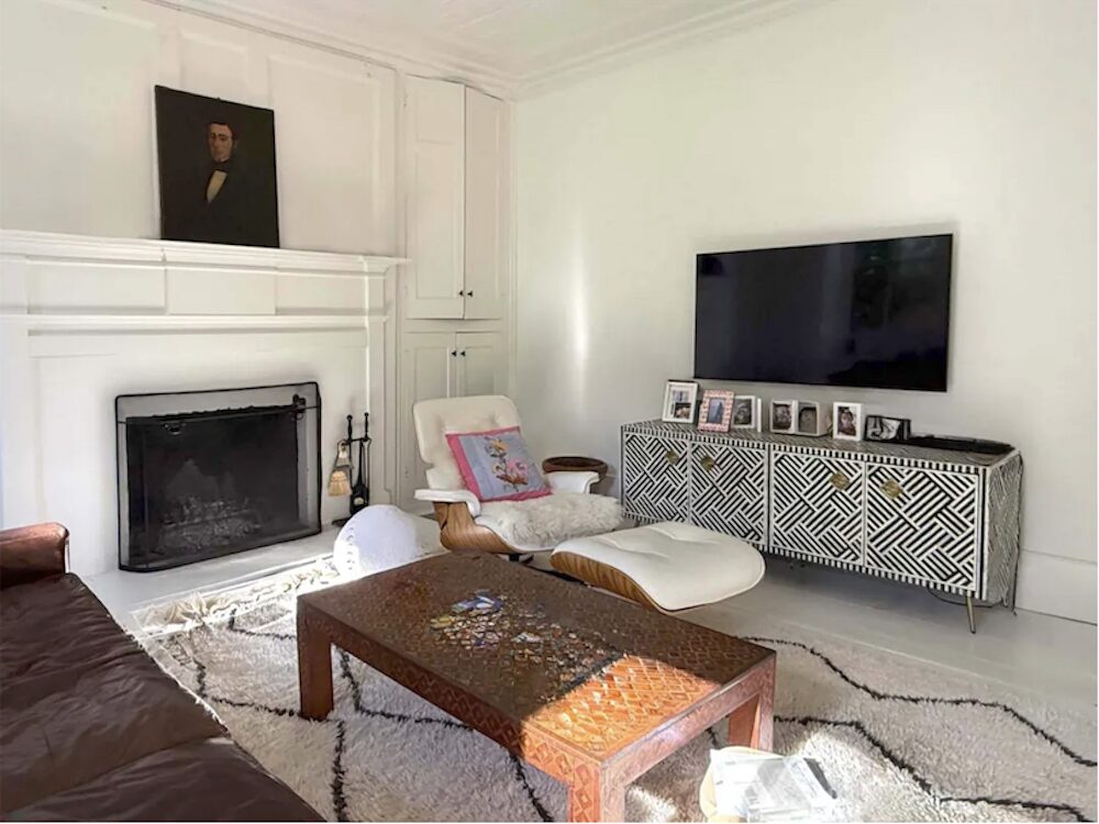 tv room at the Refined and Elegant Georgian Stone mansion estate in Hurley, Ulster County NY