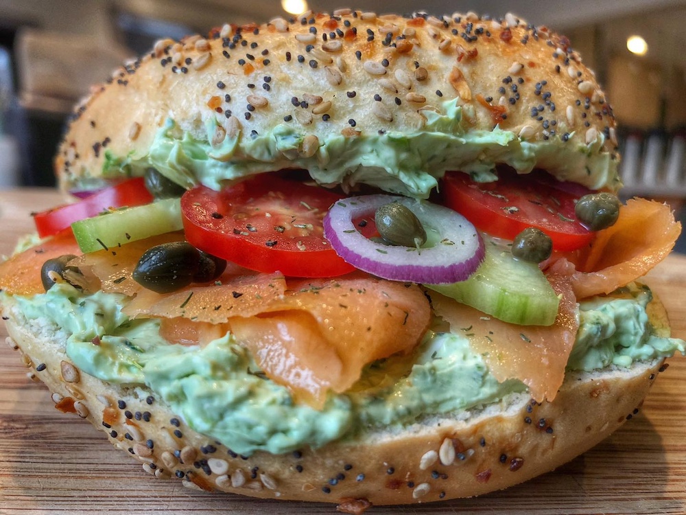 lox bagel with the works at Rhinebeck Bagels in Rhinebeck NY