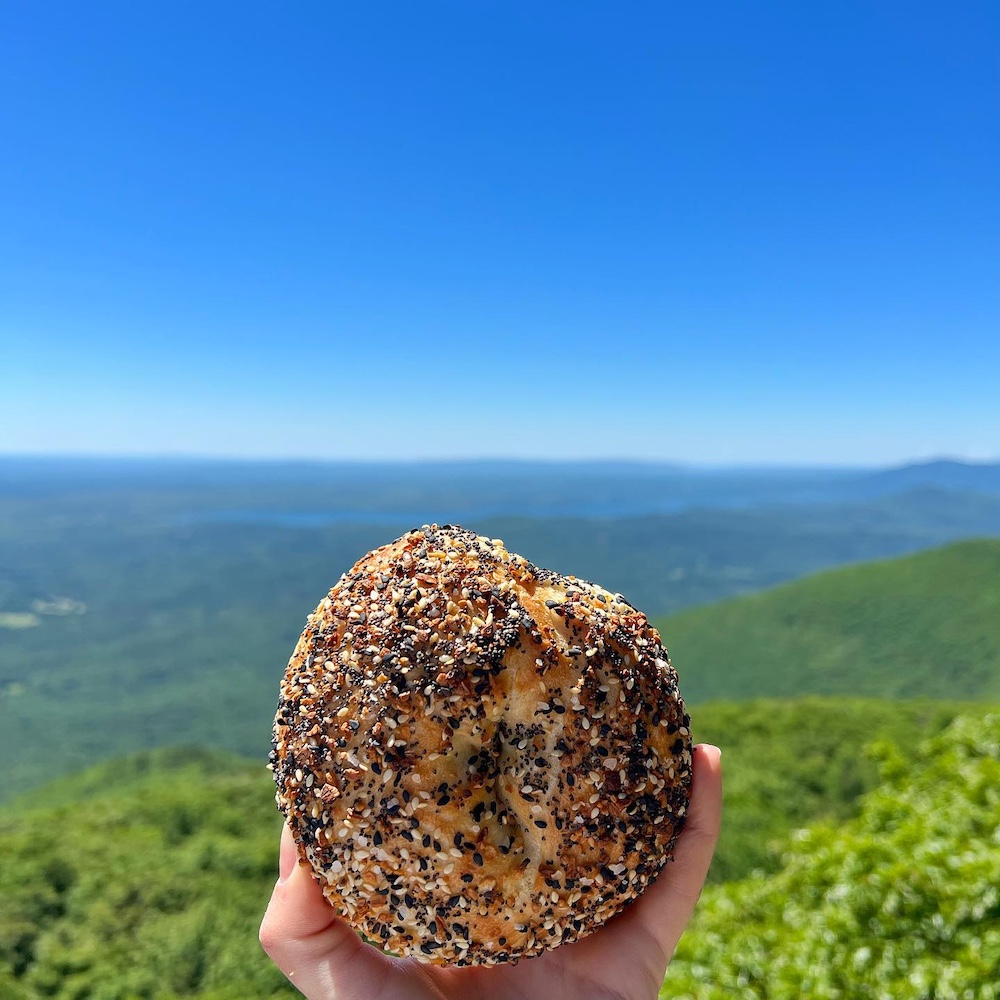 bagel from Moonrise Bagels ion Overlook Mountain in Woodstock NY