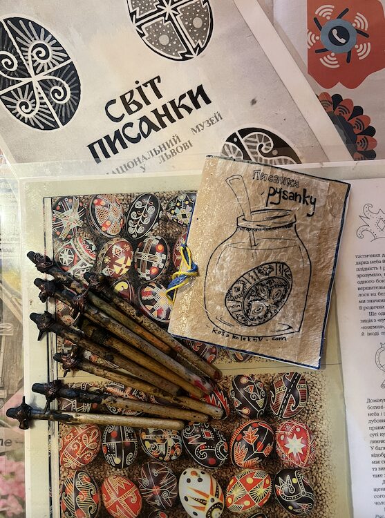 painted eggs and tools for the Pysanky Workshop for Ukraine by Sasha Botanica