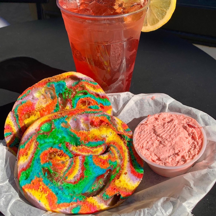 rainbow bagel, smear and iced tea at The Bagel Shoppe in Fishkill NY
