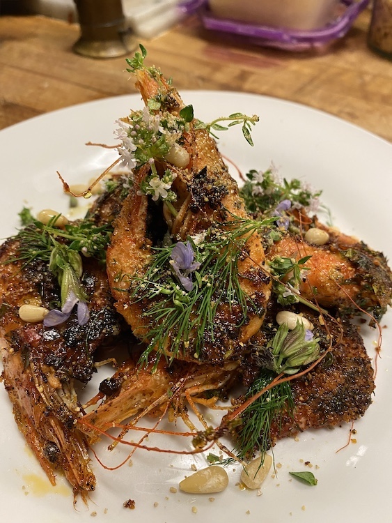 Herb Crusted Grilled Shrimp With Dill, Pine Nuts + Oregano Flower from Graziano’s Downtown Café