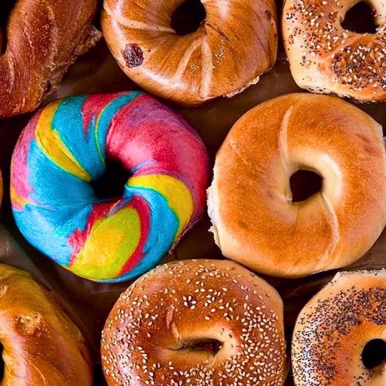 bunch of bagels and one rainbow bagel at The Bagel Shoppe in Fishkill NY