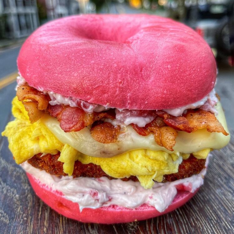 Women's Breast Cancer awarenes pink bagel sandwich at Rhinebeck Bagels in Rhinebeck NY