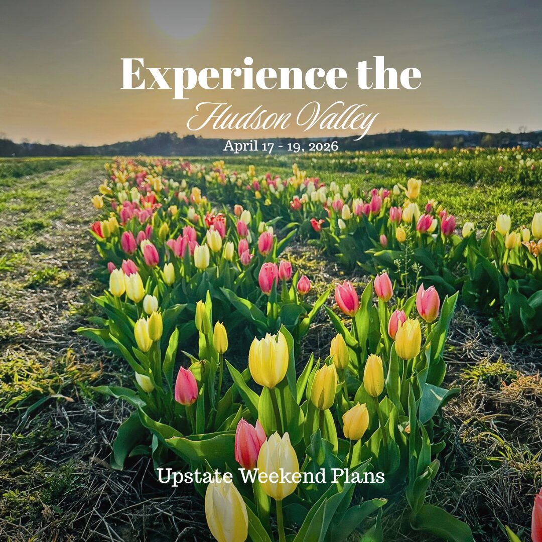 field of tulips at Kelder Farms in Kerhonkson NY with the "Experience the Hudson Valley" and "Upstate Weekend Plans" text written across the Hudson Valley, NY photo this the upcoming weekend dates.