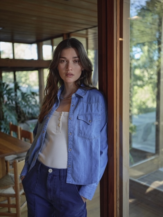 Road to Nowhere woman in a blue button down with a white tee