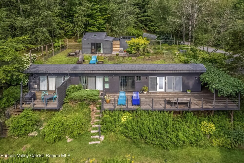 exterior shot of the house and cabin on the living roof at 166 Todd Hill Road, West Kill NY