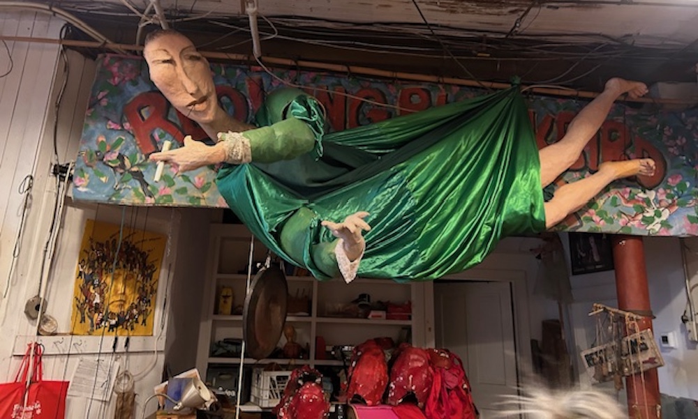 Hannah Arendt puppet hanging from the ceiling at Redwing Blackbird Theater in Rosendale NY