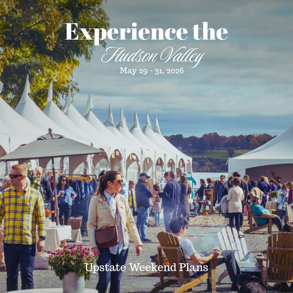 People walkng around multiple tents shopping and relaxing at the Field+Supply makers market at Hutton Brickyards in Kingston NY with the "Experience the Hudson Valley" and "Upstate Weekend Plans" text written across the photo for this upcoming weekend dates.