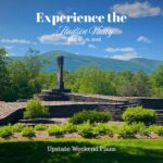 Opus 40 Bluestone Sculpture with the "Experience the Hudson Valley" and "Upstate Weekend Plans" text written across the Hudson Valley, NY photo this the upcoming weekend dates.
