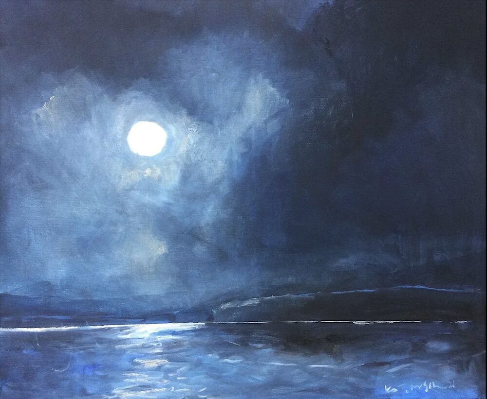 Oil on Canvas painting of Ashokan Reservoir and Moon by Kate McGloughlin.