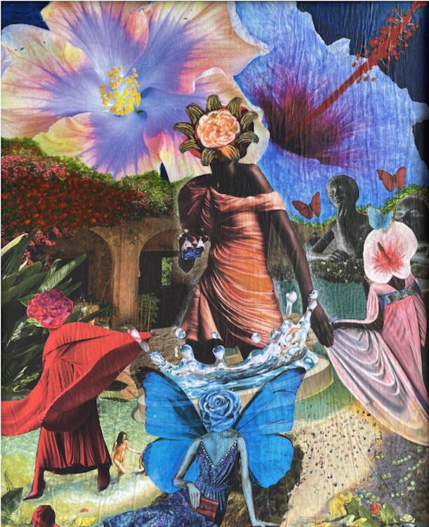 Surrealistic images of a person and flowers in a bizarre world by Grey Ivor Morris.