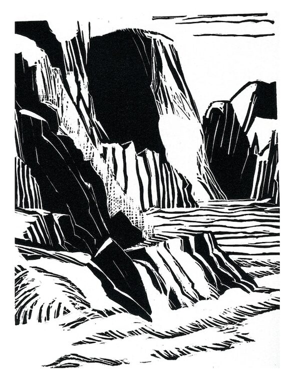 High Tide, Lobster Point. Block Print: by Kate McGloughlin.