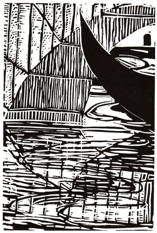 Veni. Block print by Kate McGloughlin.
