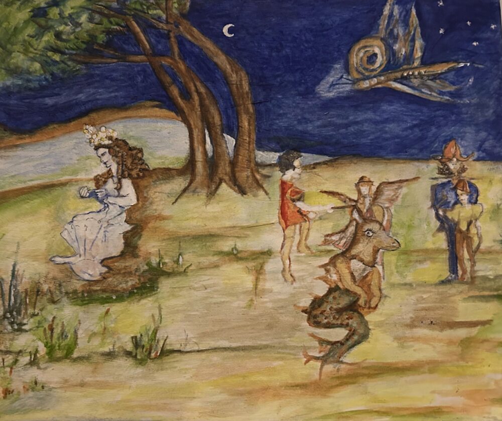 painting of figures movement in a desolate scene by Casey Kavanagh.