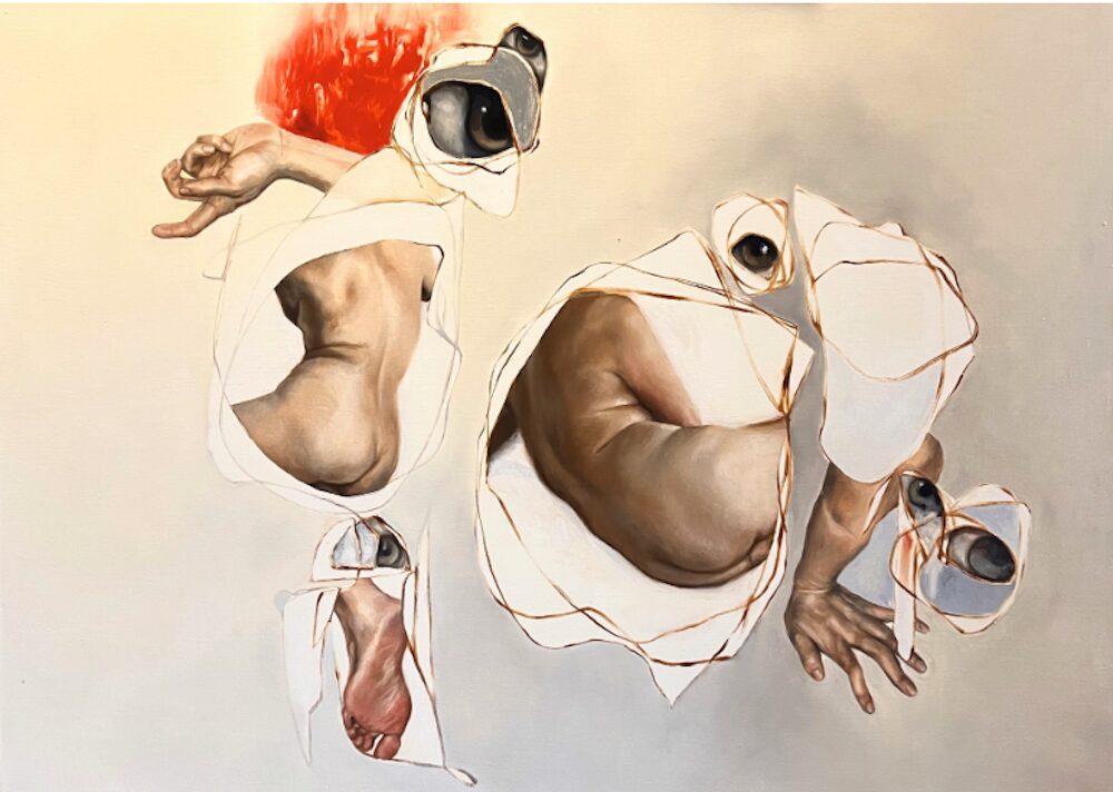 Collage of sections of the human body placed around the canvas by Yoonmi Lee.