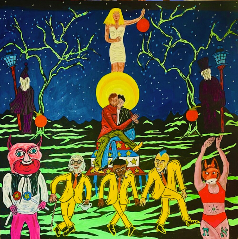 Painting of various characters in bright colors dancing by Len Jenkin.