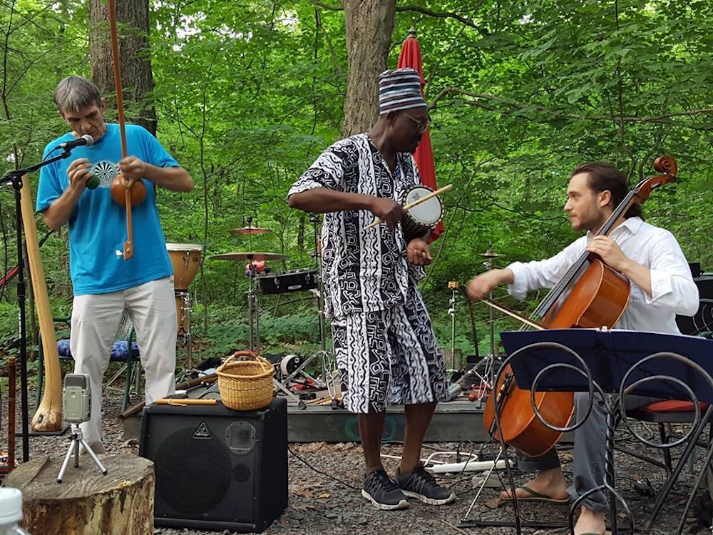 the people playing various instruments live at the Rail Trail Cafe