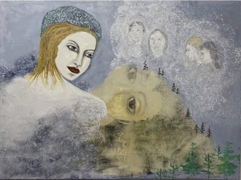 Painting of a woman looking into a space of women looking back through the haze by Betsey Regan.