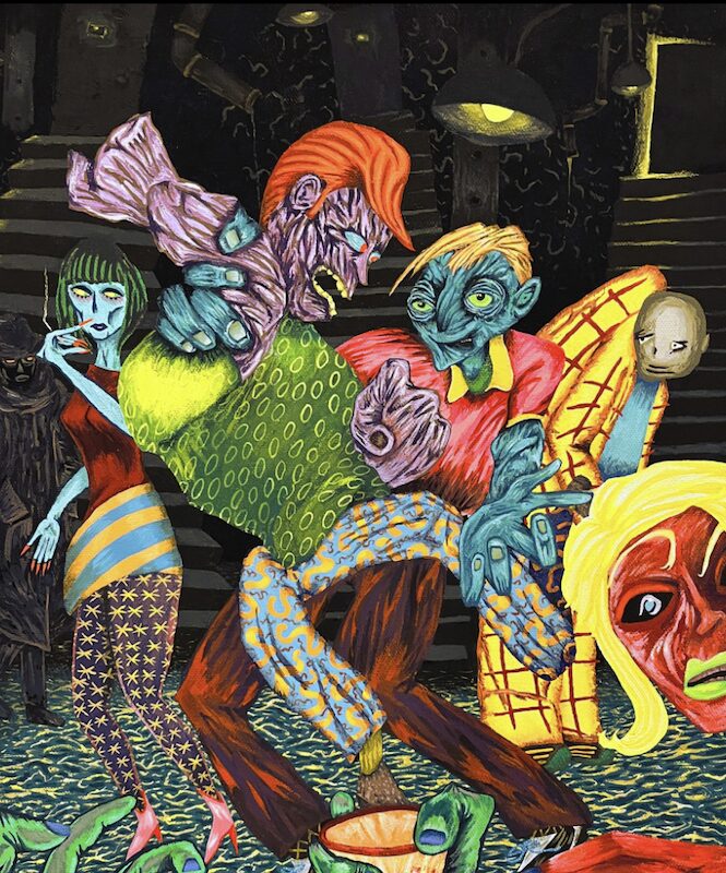 A wildly colored painting of a group of people interacting by Scott Lewis