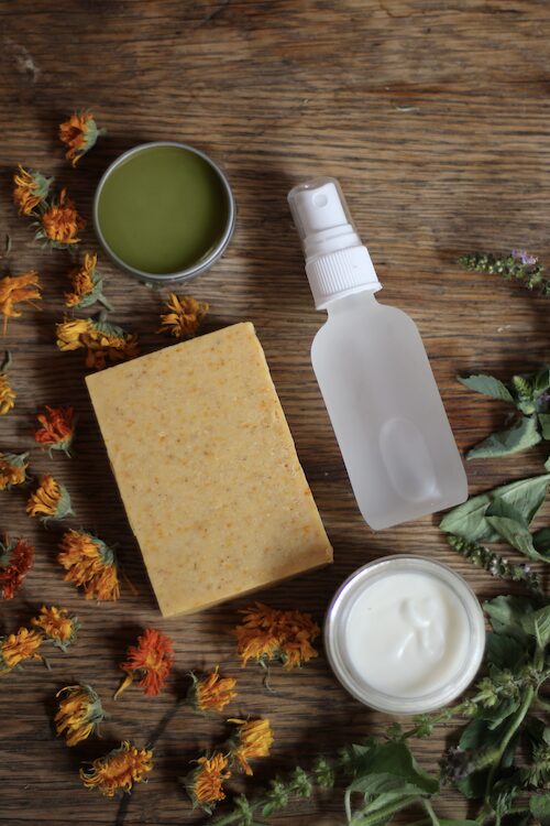 A bar of soap, tin of salve, container of cream and a spray bottle with herbs all around made by hand by Sasha Botanica in the Hudson Valley NY.