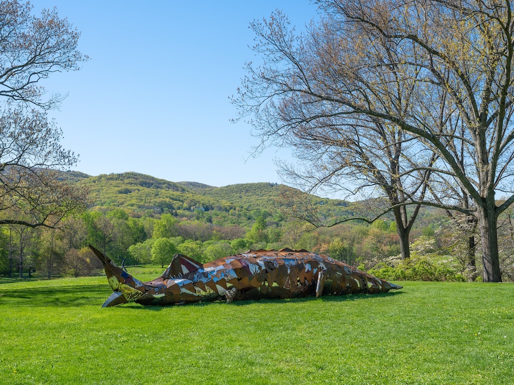 A large metal sturgeon fish sculpture in the field with mountains in the background at Storm King Center.