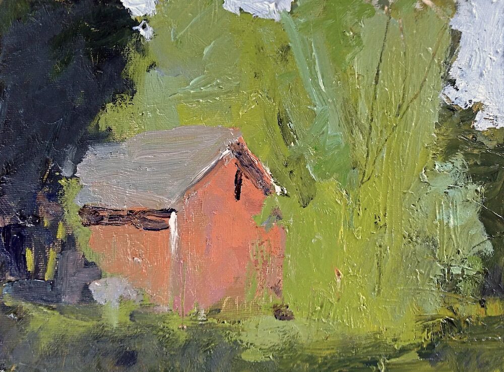 Painting of sunlit barn in rural Hudson Valley by Kate McGloughlin.
