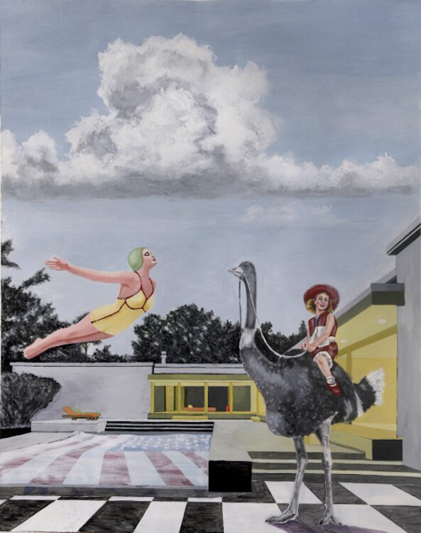 A woman diving into a bed with an American flag towards a woman on an ostrich and buildings in the background by Lauren Bergman