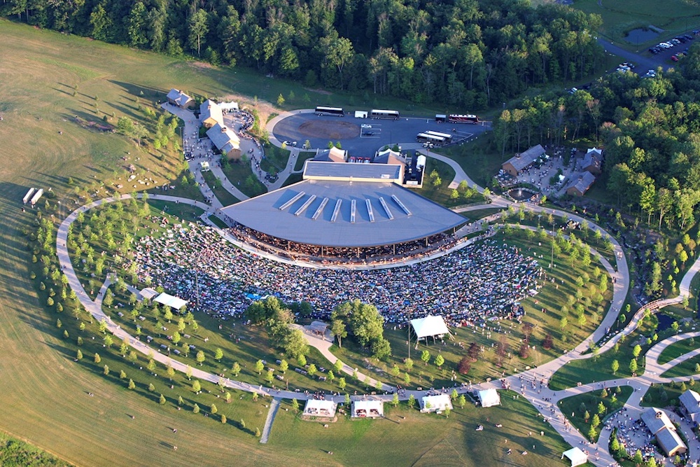 aerial view of the pavillion at Bethel Woods Center for the Arts.