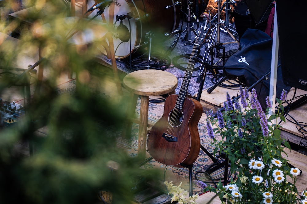 A guitar on stage at Woodstock Way Hotel in Woodstock, NY.