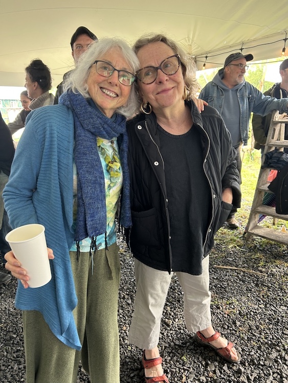 Deborah hugging her friend at her retirement party and the Wassail Event at Stone Ridge Orchards.