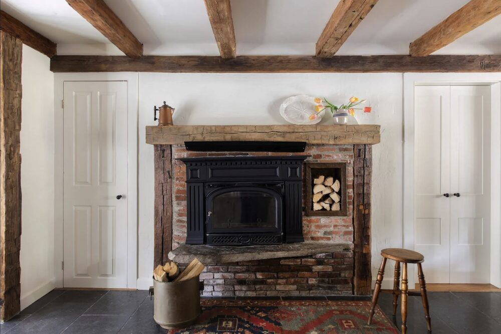 A fireplace of the kitchen sink at 809 North Quaker Hill Road, Pawling NY.