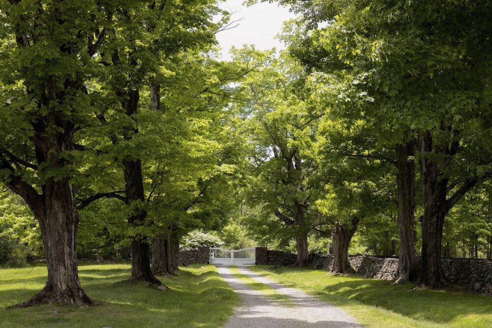 Gates at the end of the driveway at 809 North Quaker Hill Road, Pawling NY.