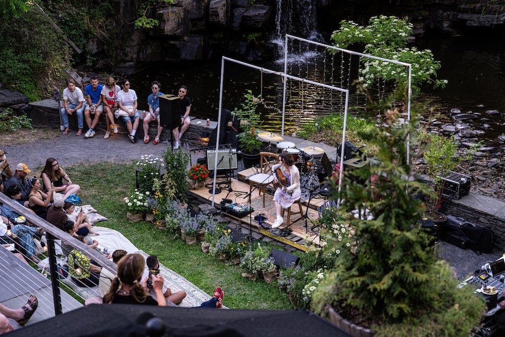 aerial view of Waterfall Sessions with Ginger Winn at Woodstock Way Hotel in Woodstock, NY.