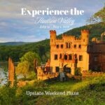 Sunset on Bannerman Island Castle with the "Experience the Hudson Valley" and "Upstate Weekend Plans" text written across the photo.