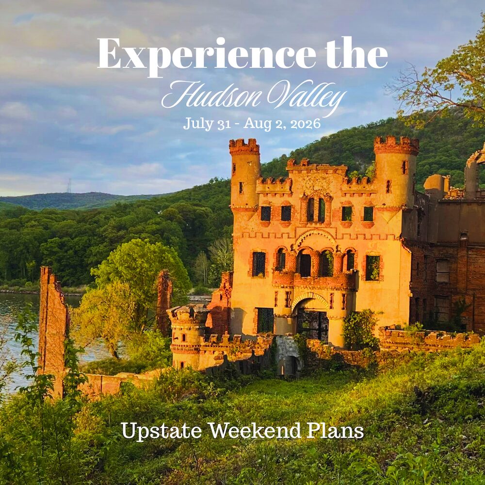 Sunset on Bannerman Island Castle with the "Experience the Hudson Valley" and "Upstate Weekend Plans" text written across the photo.