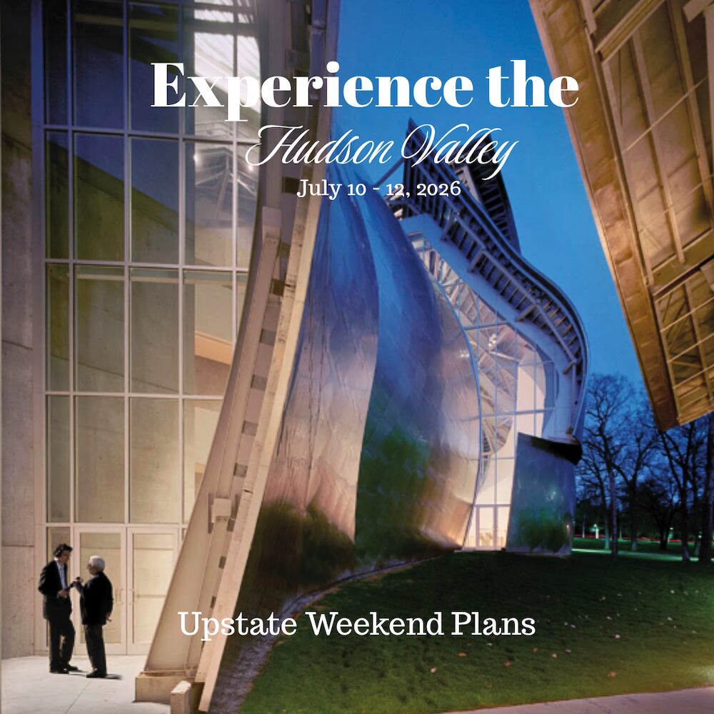 Fisher Center in the evening with the "Experience the Hudson Valley" and "Upstate Weekend Plans" text written across the photo.