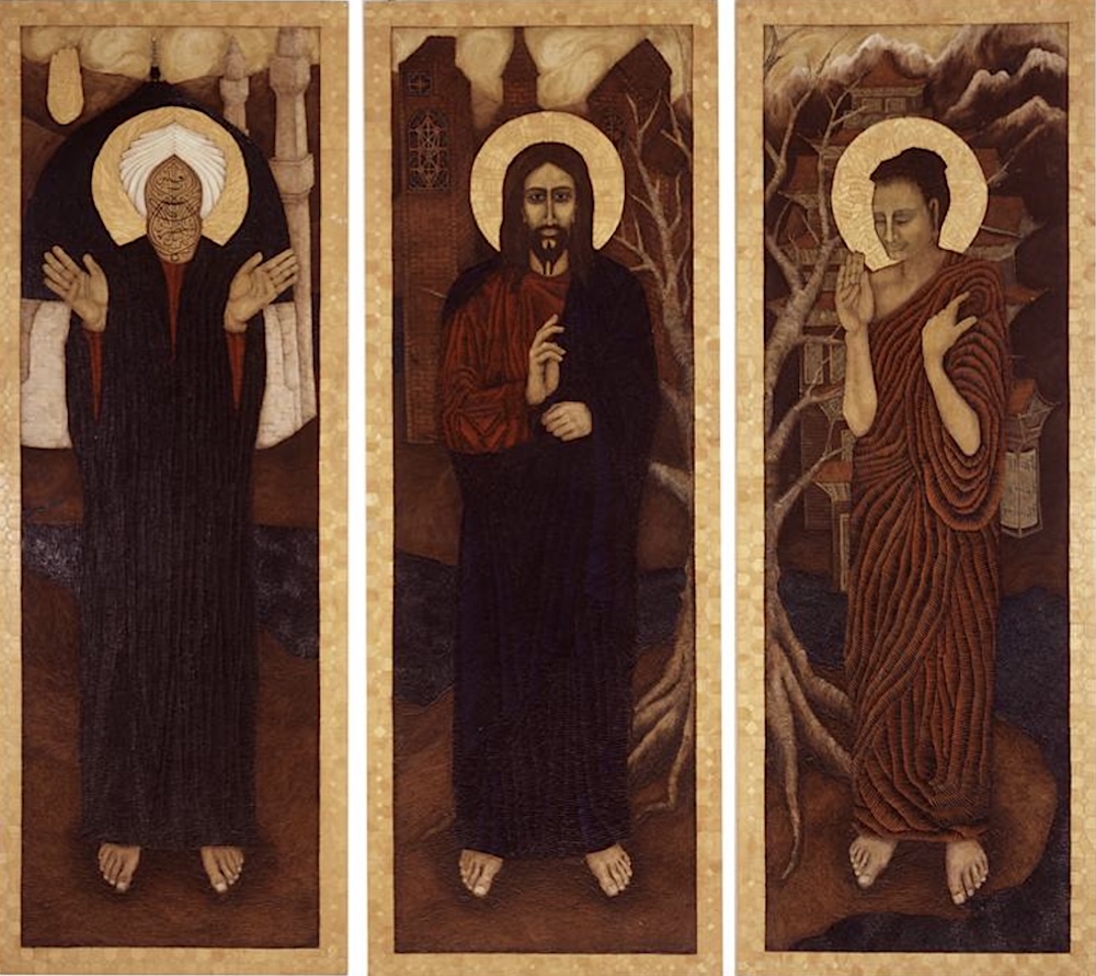 Christina Varga tryptic depicting Buddha, Jesus and Mohammed