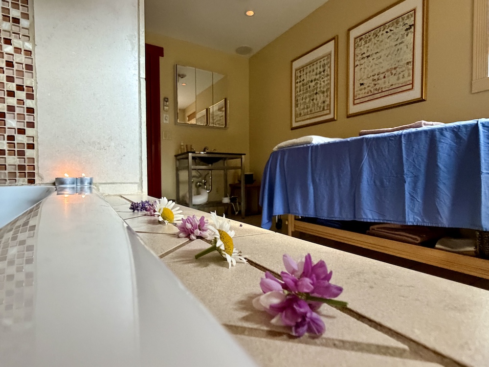 Saoking in the tub after a massage at Menla Retreat & Dewa Spa.
