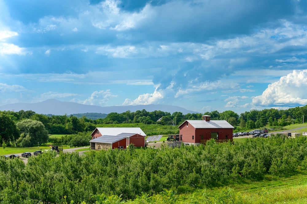 Catskill Mountains in the background view from the top of the hill at Rose Hill Farm in Red Hook NY.