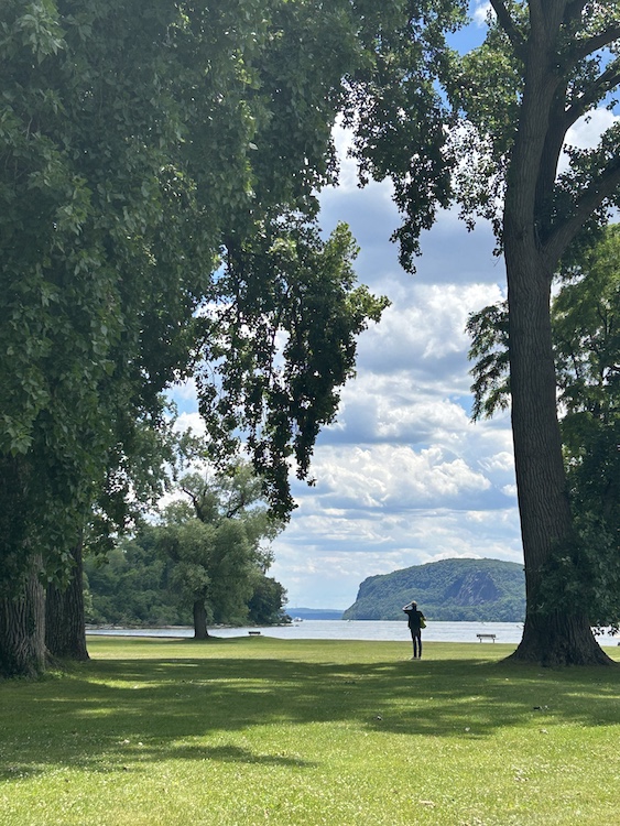 View of the Hudson River and distant mountains during the Hudson River Music Festival at Croton Point Park NY.
