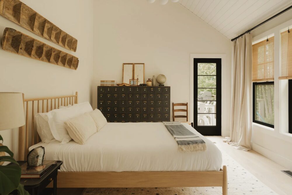 Master bedroom with a repurposed Dewy Decimal set of drawers at 648 Scudder Hill Rd, Roxbury NY.