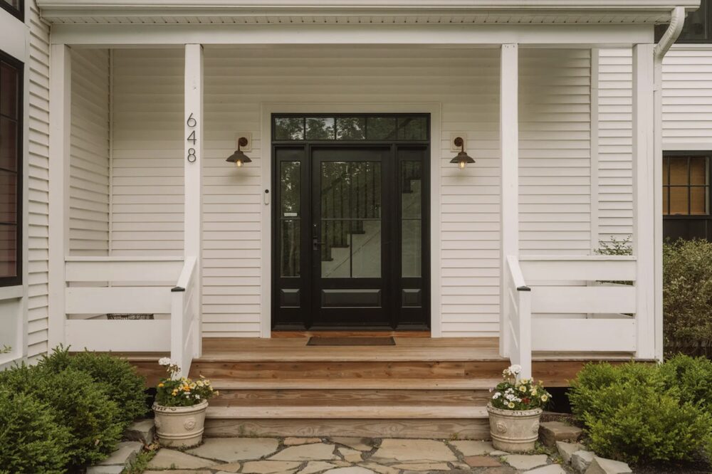 Front door and steps at 648 Scudder Hill Rd, Roxbury NY.