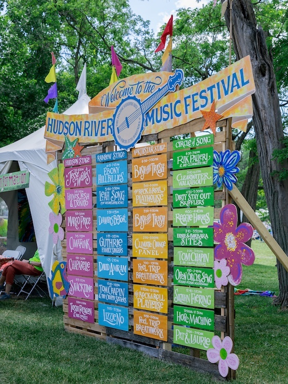 The performance and activy lineup board at the Hudson River Music Festival in Croton Point Park NY
